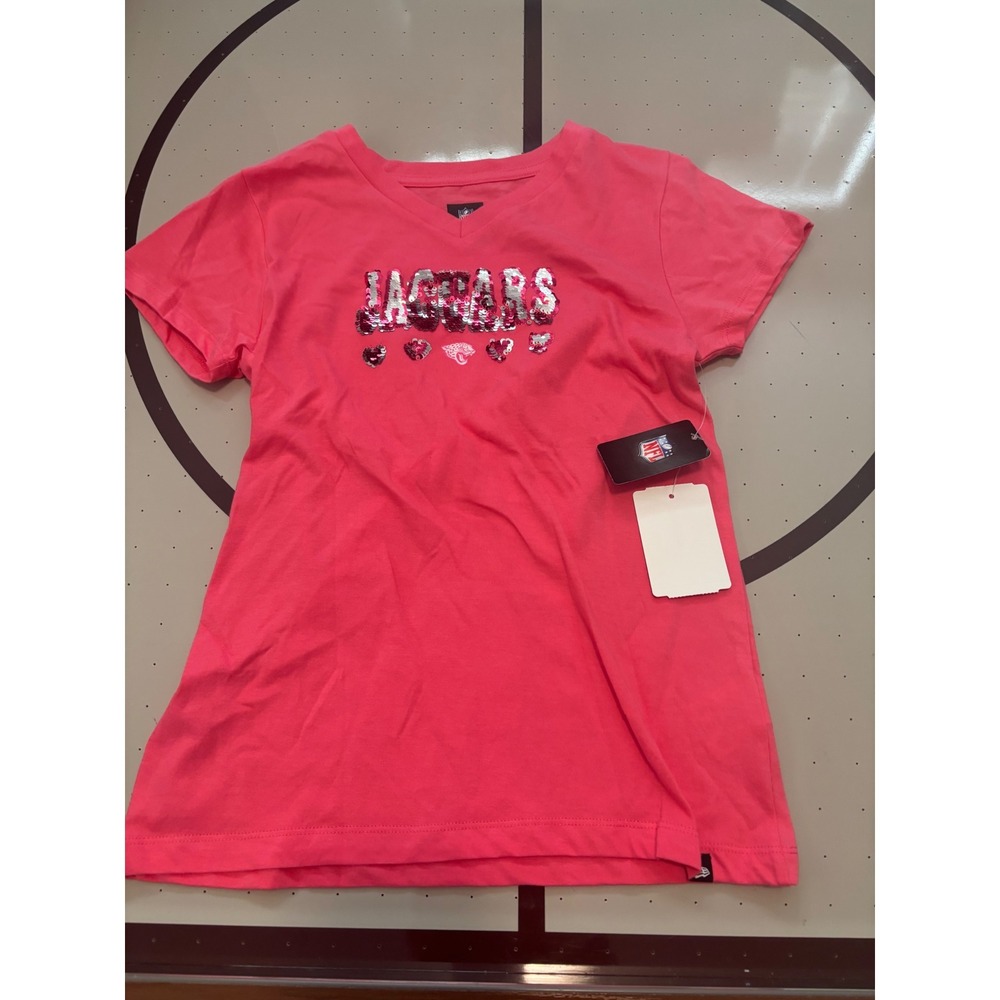 NFL Team Apparel Jacksonville Jaguars Girls Pink Flip SequinV-Neck T-Shirt 10/12
